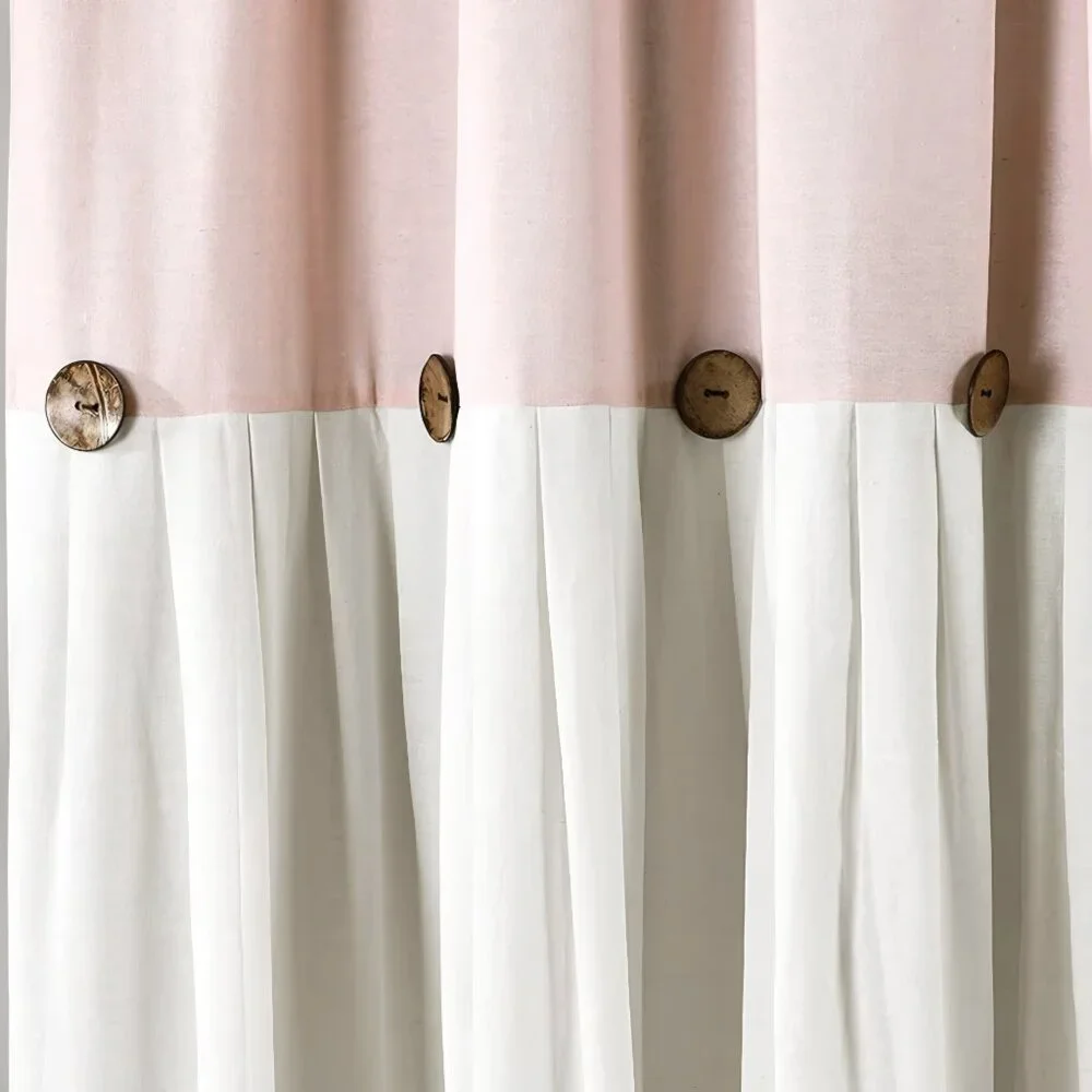 NWT LINEN DECOR Linen Shower Pink/White Button Shower Curtain